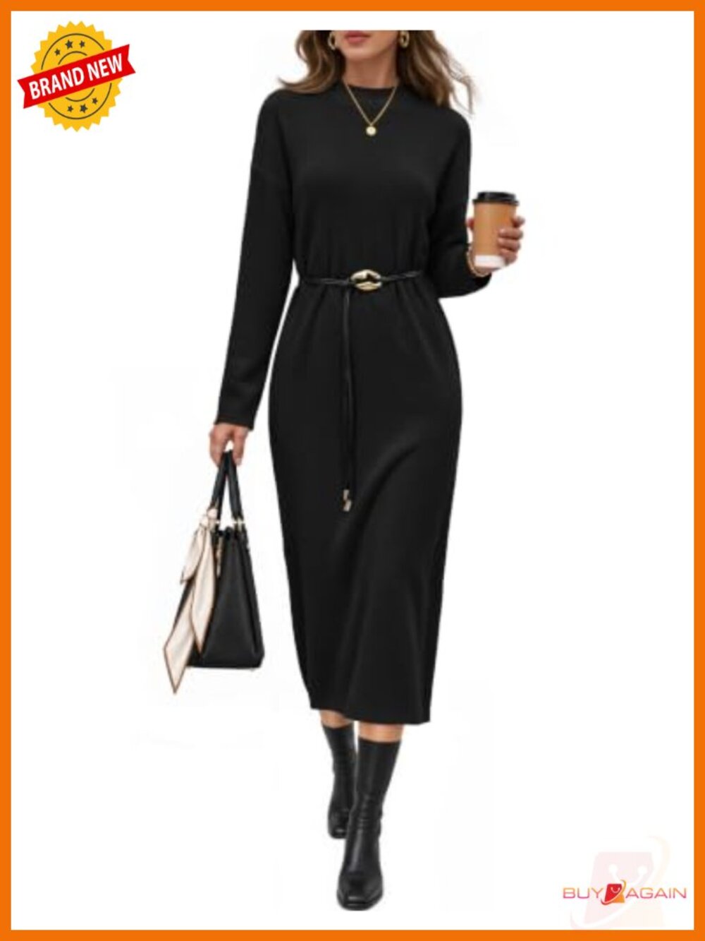 Women's Fall Sweater Dress Long Sleeve Midi Knit Belted Mock Neck